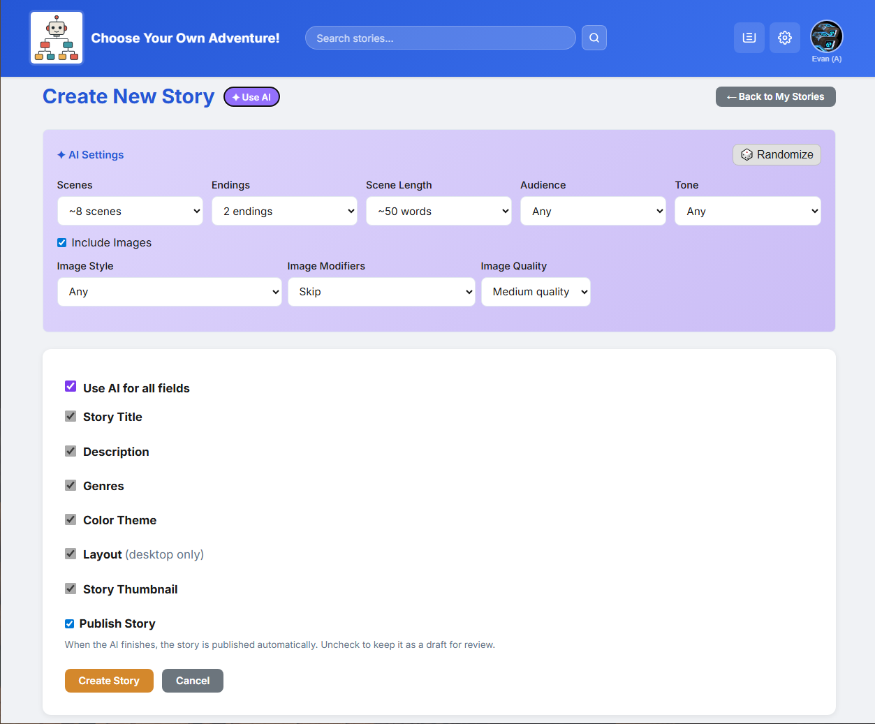 The 'create with AI' form with options for genre, tone, and length